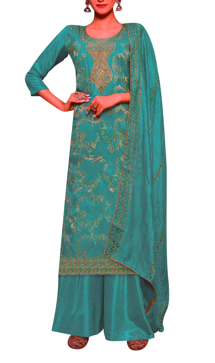Ladyline Partywear Brocade Silk Salwar Kameez with Embroidered Dupatta in Silk