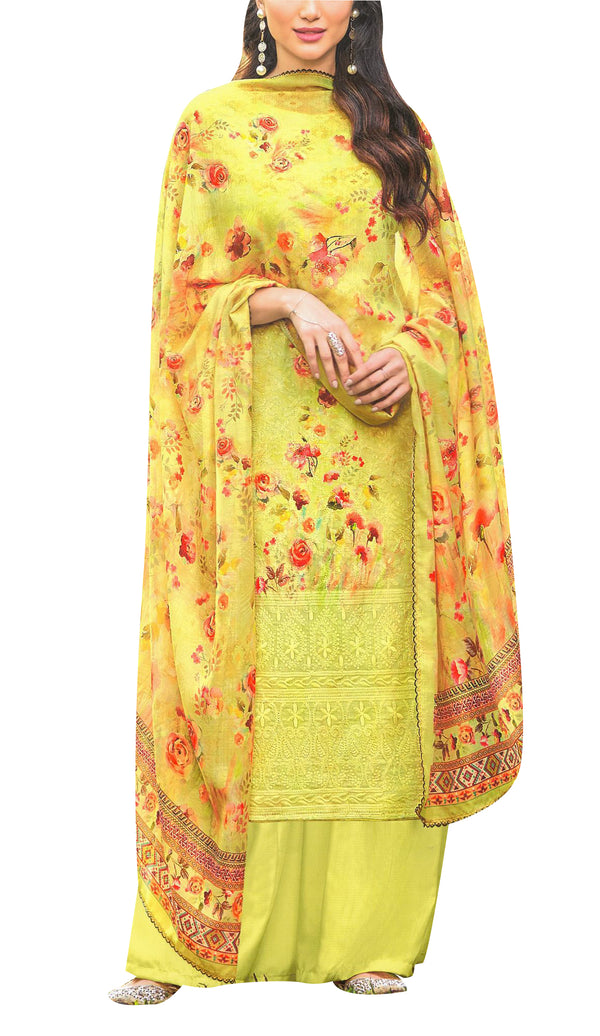 Ladyline Chikan Embroidered Cotton Salwar Kameez Suit with Palazzo Pant Chiffon Dupatta