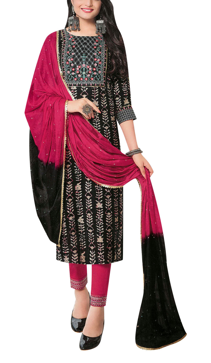 Ladyline Womens Rayon Print Embroidered Salwar Kameez Suit Kurti with Pants set