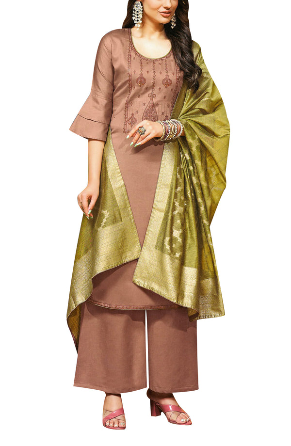 Formal Premium Cotton Plain Embroidered Salwar Kameez with Silk Weaving Dupatta Womens