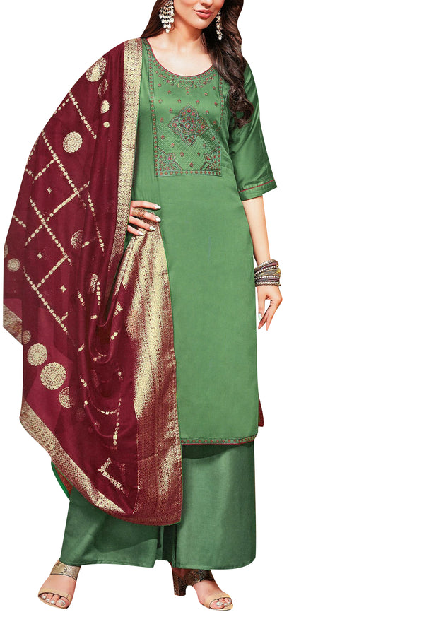 Formal Premium Cotton Plain Embroidered Salwar Kameez with Silk Weaving Dupatta Womens