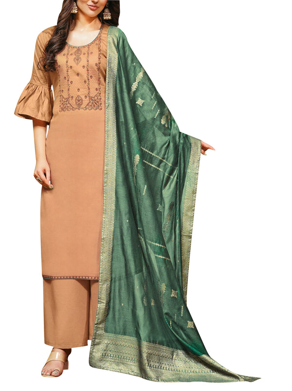 Formal Premium Cotton Plain Embroidered Salwar Kameez with Silk Weaving Dupatta Womens
