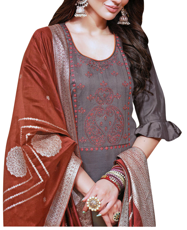 Formal Premium Cotton Plain Embroidered Salwar Kameez with Silk Weaving Dupatta Womens