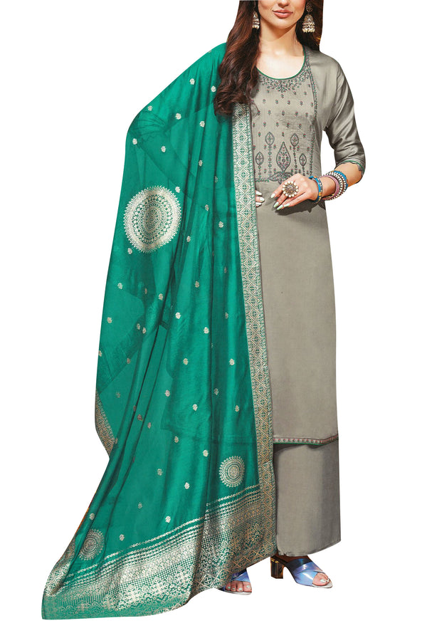 Formal Premium Cotton Plain Embroidered Salwar Kameez with Silk Weaving Dupatta Womens