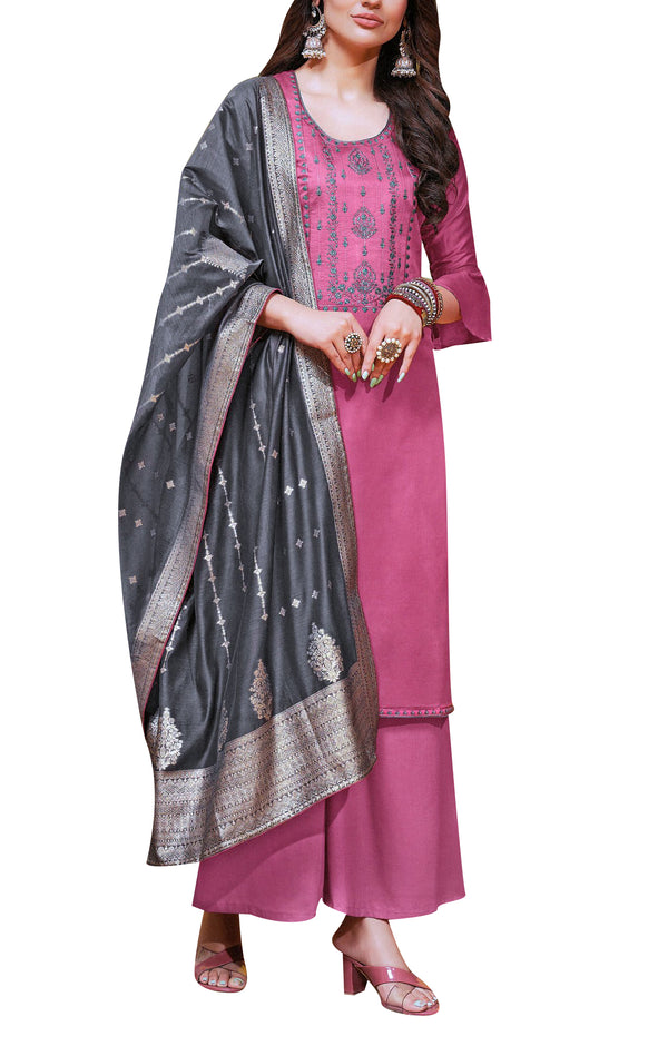 Formal Premium Cotton Plain Embroidered Salwar Kameez with Silk Weaving Dupatta Womens