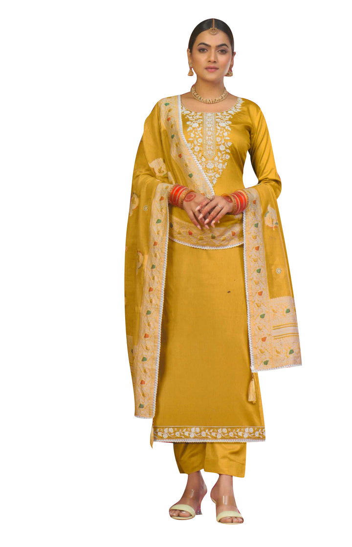 ladyline Formal Plain Cotton Lakhnavi Embroidered Salwar Kameez with Brocade weaving Dupatta (CESK MGCHA1640)