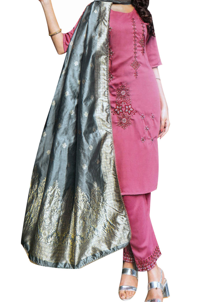 Ladyline Formal Womens Plain Silk Embroidered Salwar Kameez and Brocade Dupatta