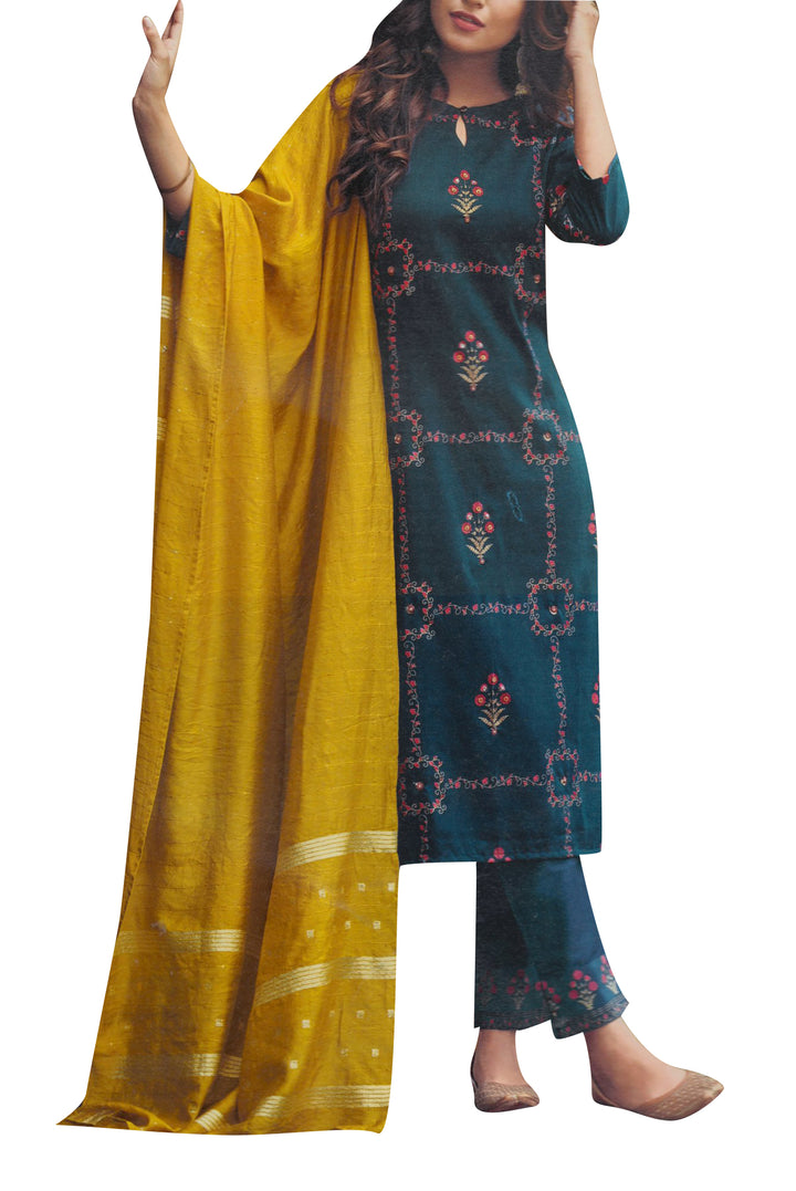 Silk Handwork Gold Printed Kurta with Pants & Garhwal Jacquard Dupatta Salwar Kameez