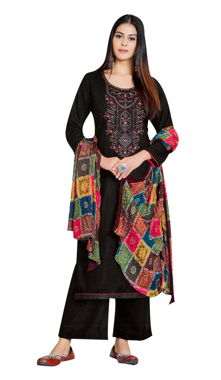 Ladyline Black Beauty Rayon Embroidered Salwar Kameez Suit with Bandhani Printed Dupatta | Palazzo Pants