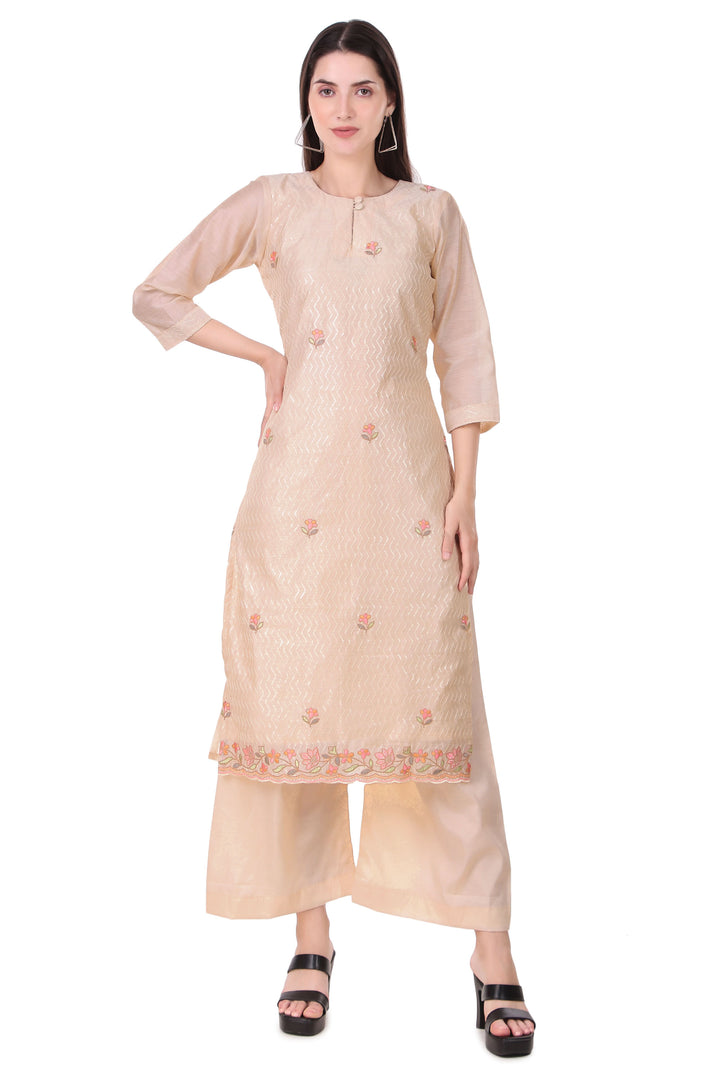 Ladyline Beige Partywear Silk Cutwork Embroidered Salwar Kameez Suit Silk Printed Dupatta