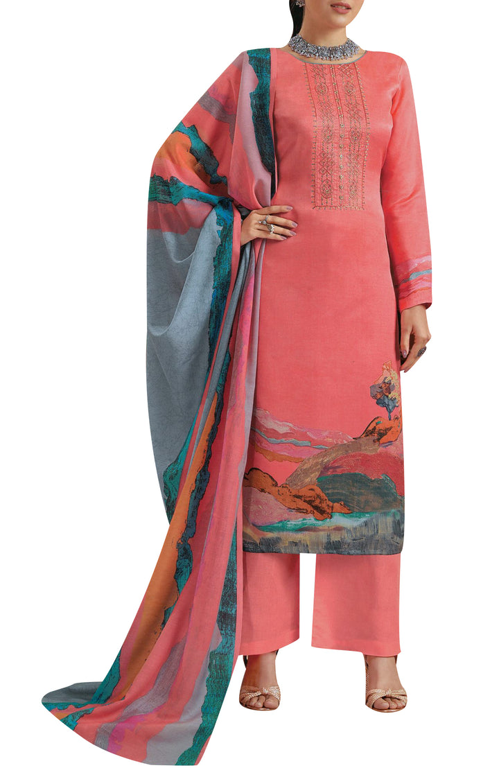 Womens Evening Wear Cotton Printed Embroidered Salwar Kameez Suit with Palazzo Pants