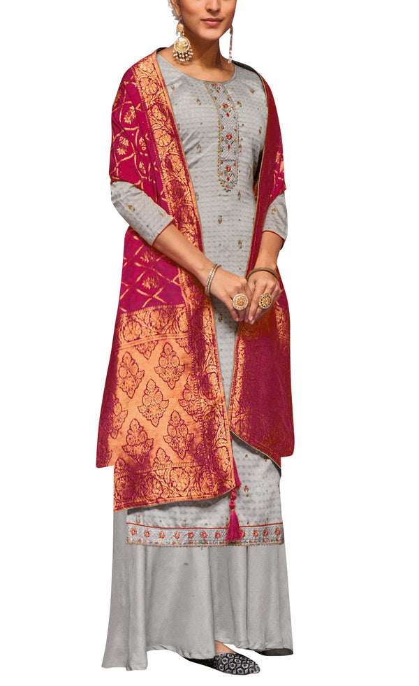 Ladyline Silk Embroidered Salwar Kameez Suit with Banarasi Dupatta Palazzo Pant