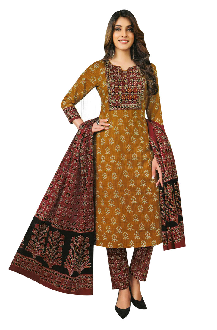 Ladyline Womens Block Print Kantha Handwork Mirror Cotton Salwar Kameez Suit Dress
