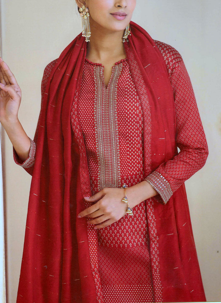 Ladyline Formal Cotton Printed Zari Embroidered Salwar Kameez Suit with Silk Weaving Dupatta (CPESK KAPA1140)