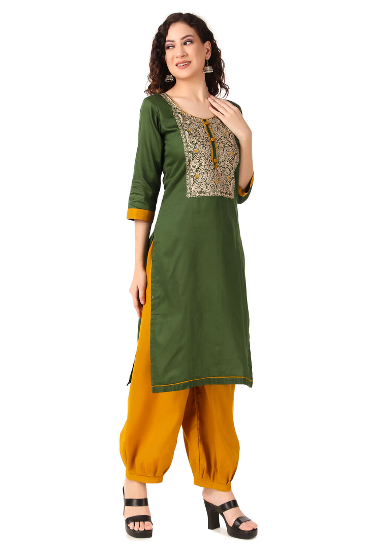 Ladyline Womens Silky Cotton Gold Ari Embroidered Salwar Kameez Suit with Embroidery Dupatta