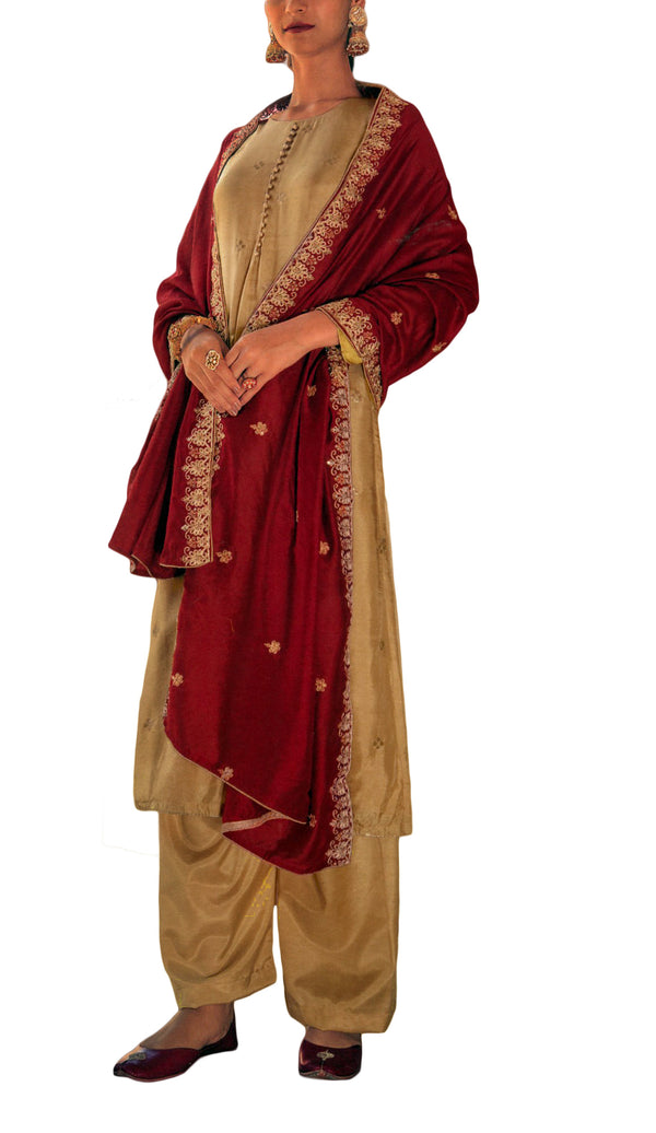 Gold Jacquard Silk Weaving Salwar Kameez with Embroidery Dupatta