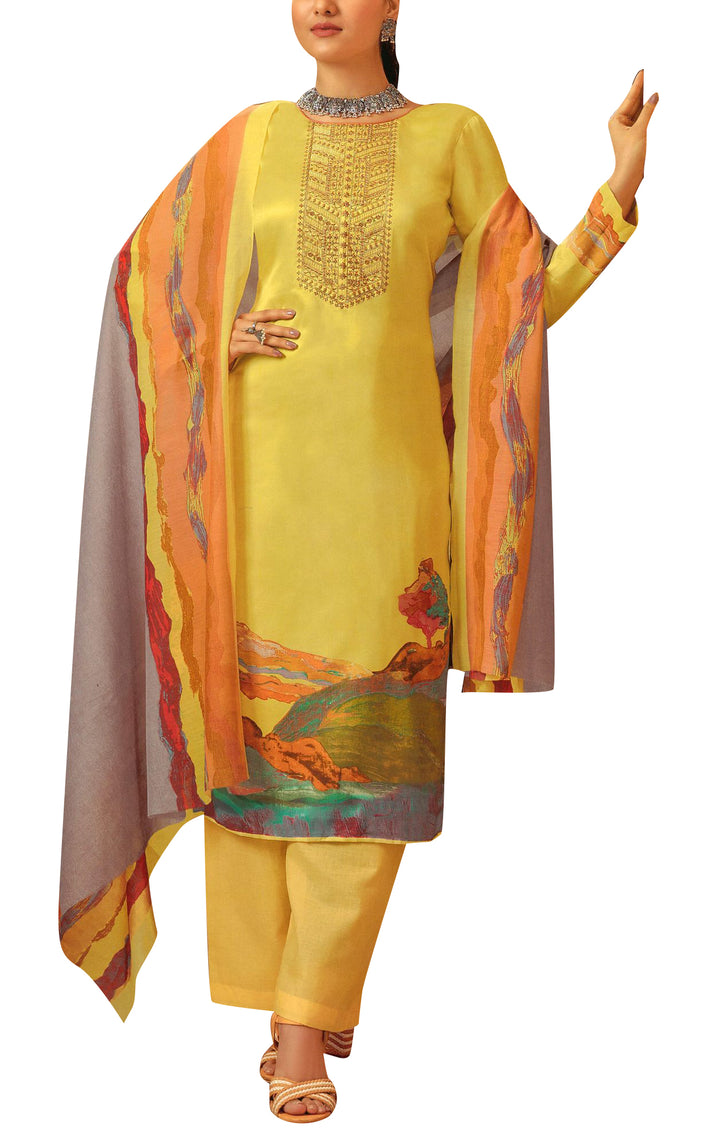 Womens Evening Wear Cotton Printed Embroidered Salwar Kameez Suit with Palazzo Pants