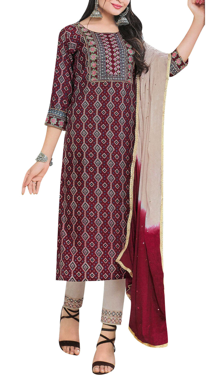 Ladyline Womens Rayon Print Embroidered Salwar Kameez Suit Kurti with Pants set