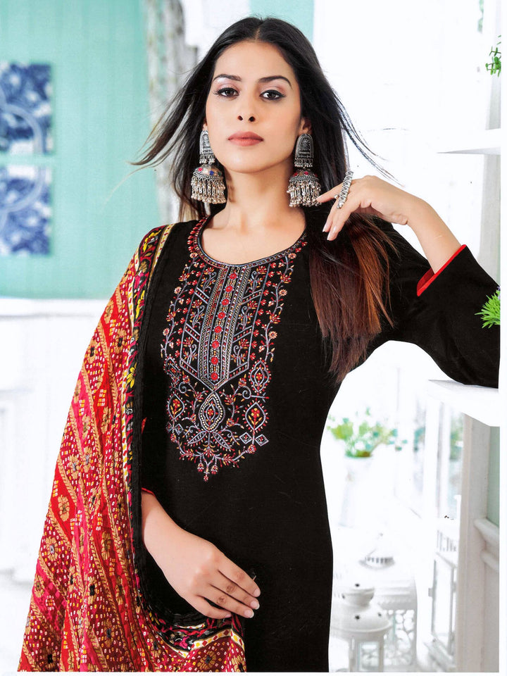 Ladyline Black Beauty Rayon Embroidered Salwar Kameez Suit with Bandhani Printed Dupatta | Palazzo Pants