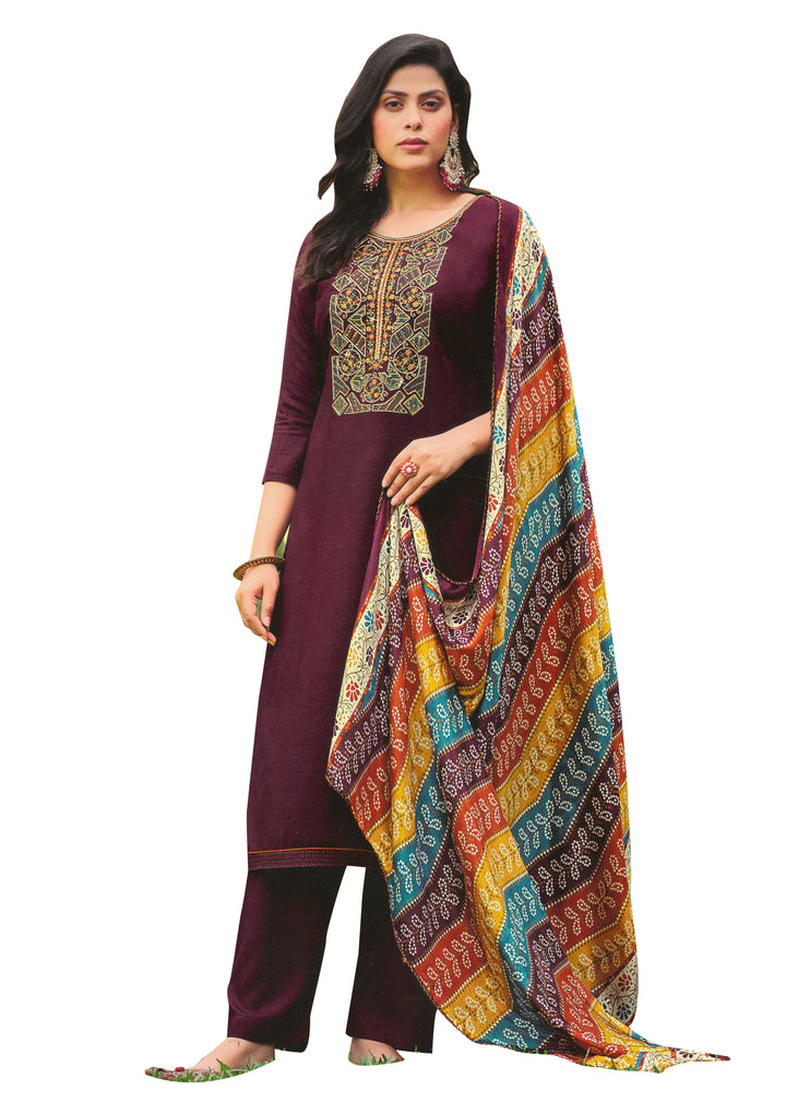 Ladyline  Rayon Embroidered Salwar Kameez Suit with Bandhani Printed Dupatta | Palazzo Pants