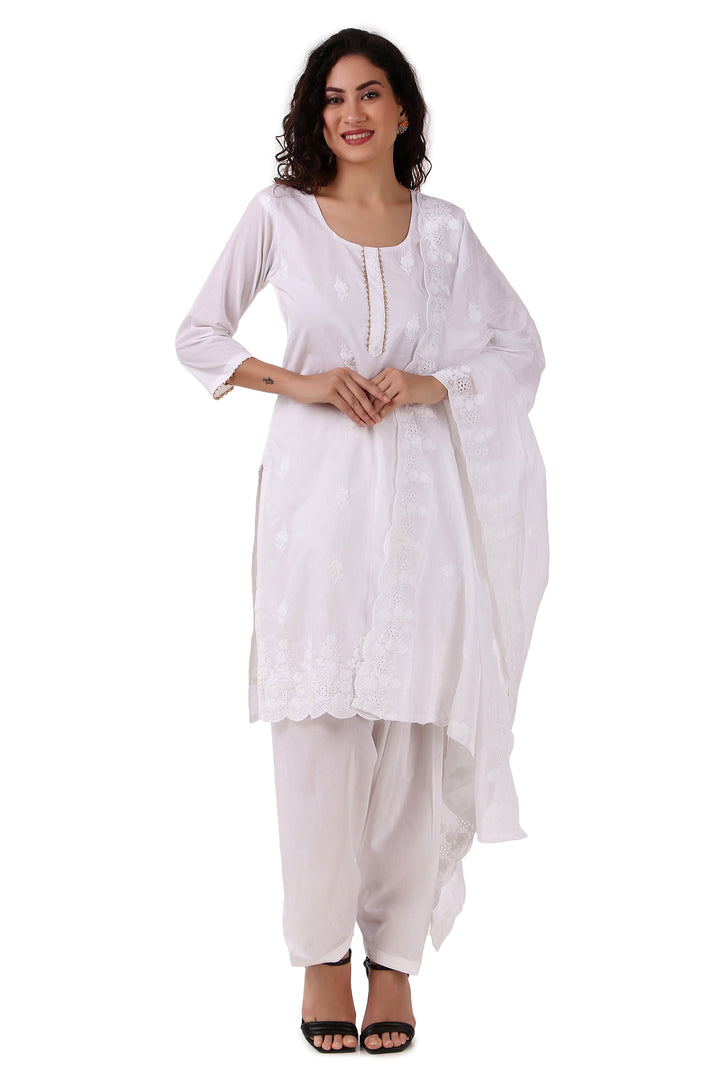 Ladyline White Beauty Hakoba Style Embroidered Lace Salwar Kameez Suit Womens Dress