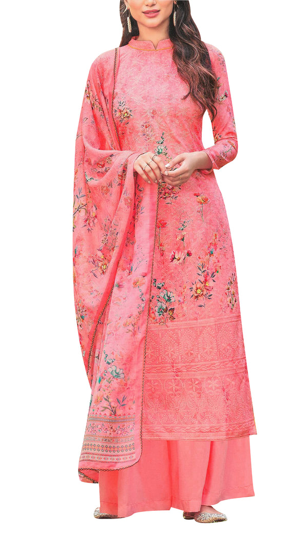 Ladyline Chikan Embroidered Cotton Salwar Kameez Suit with Palazzo Pant Chiffon Dupatta