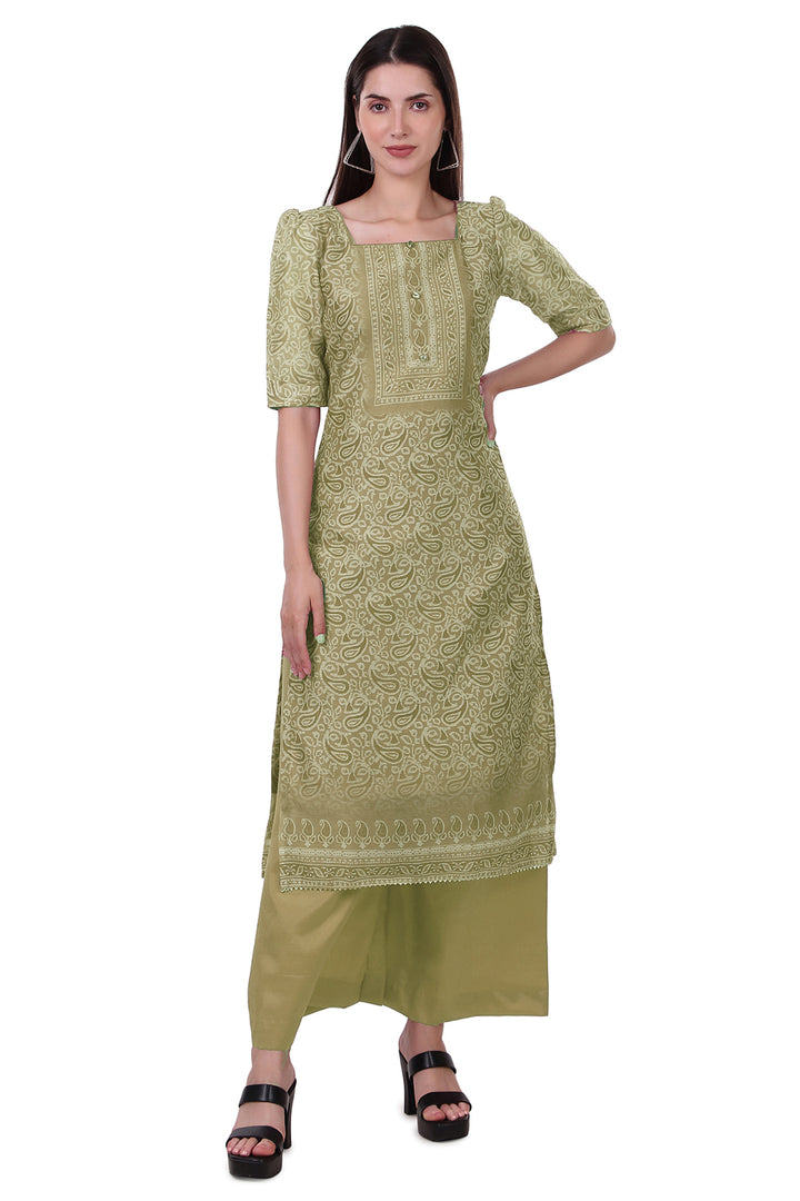 Ladyline Partywear Silk Ethnic Batik Printed Salwar Kameez Suit | Puff Sleeves | Palazzo Pants