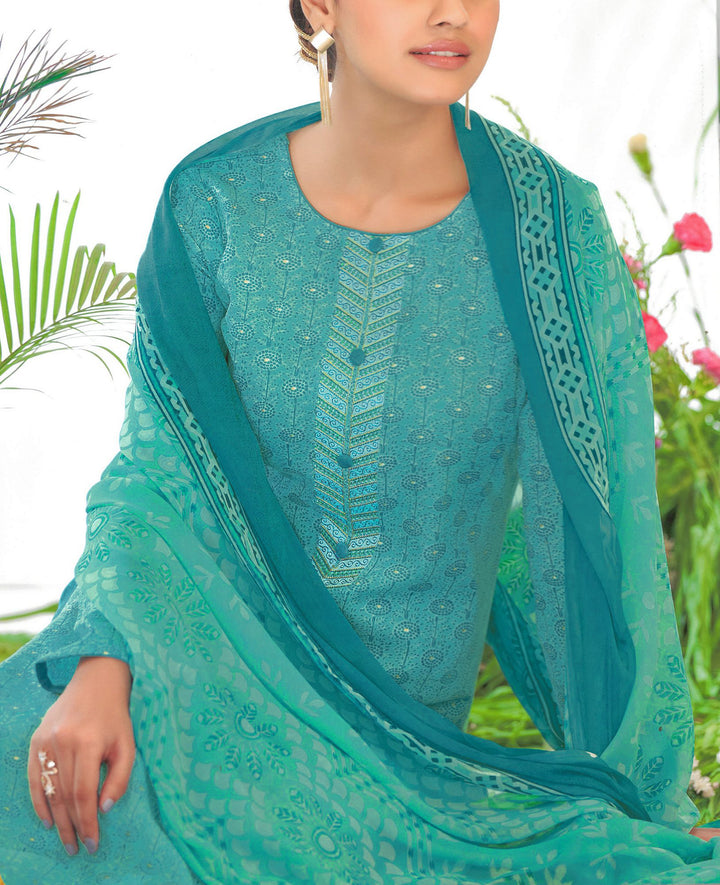 Ladyline Slub Cotton Foil Printed Salwar Kameez Suit with Embroidery Palazzo Pants