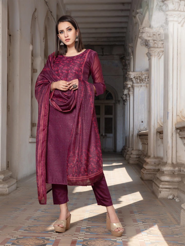 Ladyline Designer Partywear Kantha Embroidery Sequins Silk Salwar Kameez with Silk Printed Dupatta