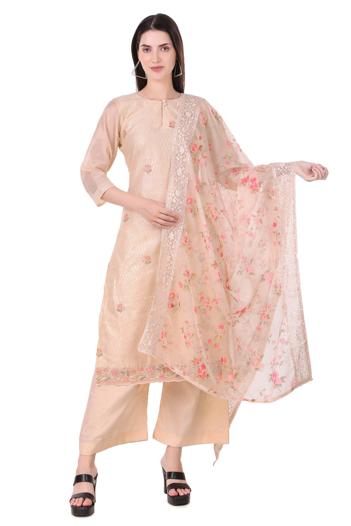 Ladyline Beige Partywear Silk Cutwork Embroidered Salwar Kameez Suit Silk Printed Dupatta