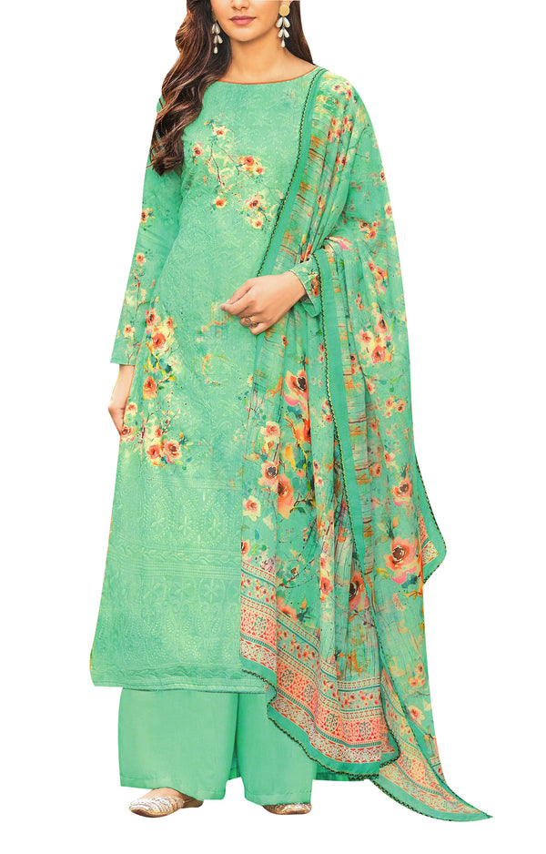Ladyline Chikan Embroidered Cotton Salwar Kameez Suit with Palazzo Pant Chiffon Dupatta