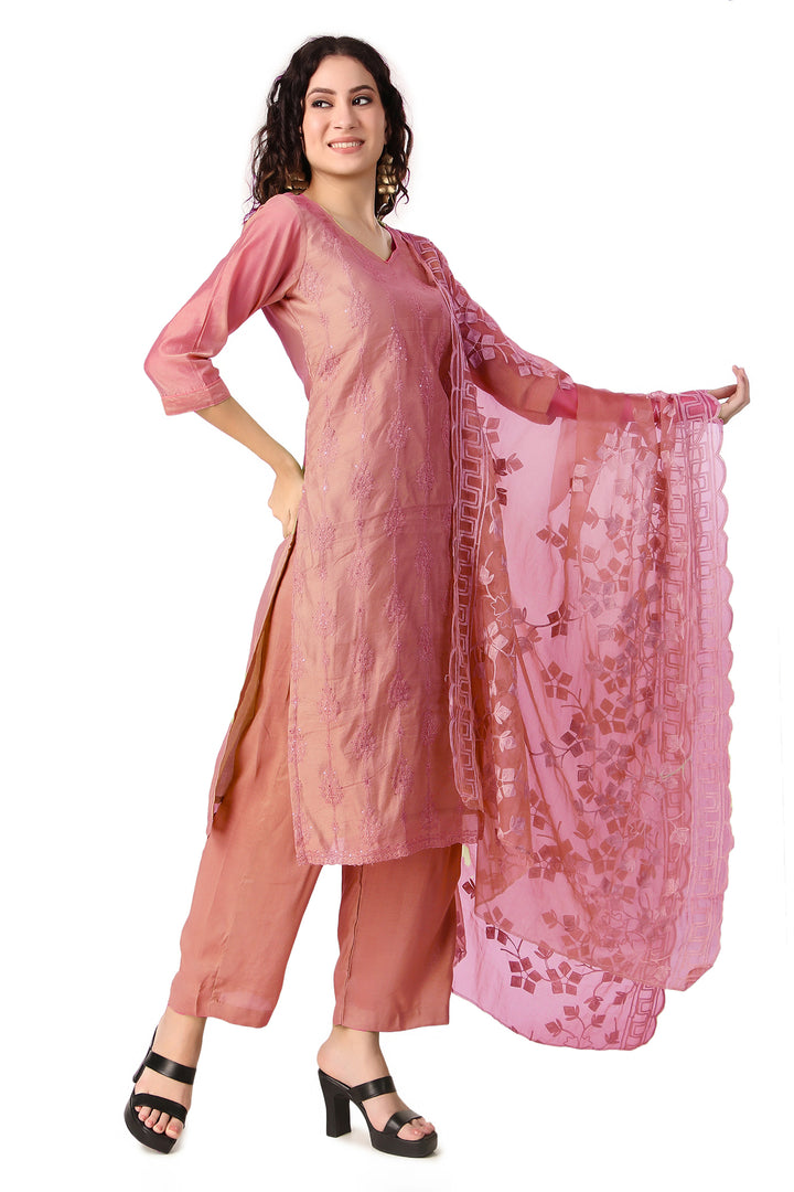 Ladyline Partywear Plain Silk Embroidered Salwar Kameez Suit with Organza Embroidery Dupatta Cutwork