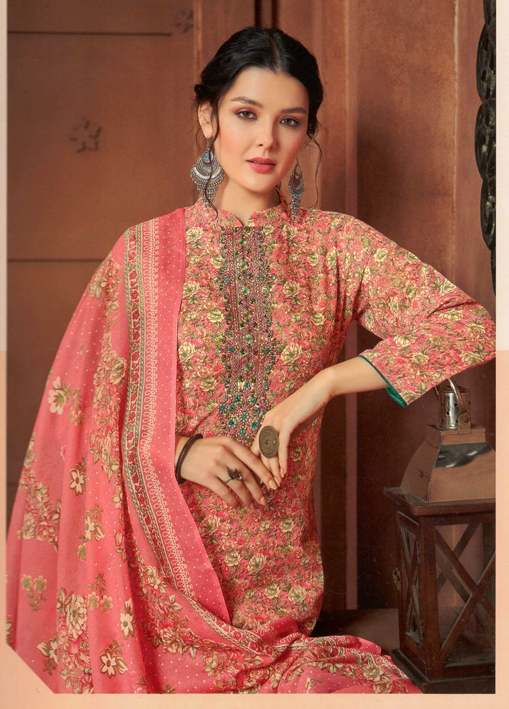 Ladyline Womens Cotton Sober Printed Embroidered Salwar Kameez Suit | Pants and Cotton Dupatta