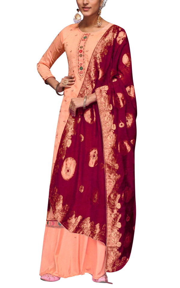Ladyline Silk Embroidered Salwar Kameez Suit with Banarasi Dupatta Palazzo Pant