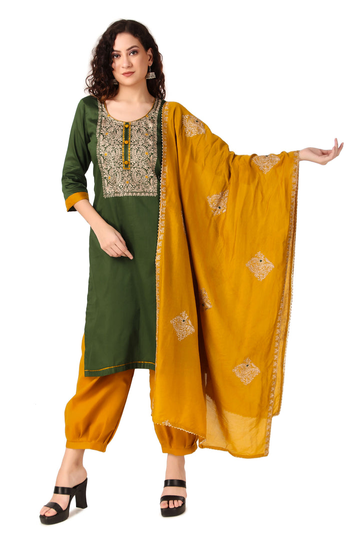 Ladyline Womens Silky Cotton Gold Ari Embroidered Salwar Kameez Suit with Embroidery Dupatta
