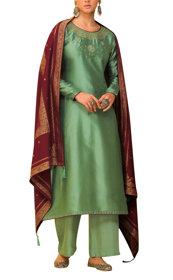 Formal Party Wear Tussar Silk Embroidered Salwar Kameez Suit with Jacquard Dupatta