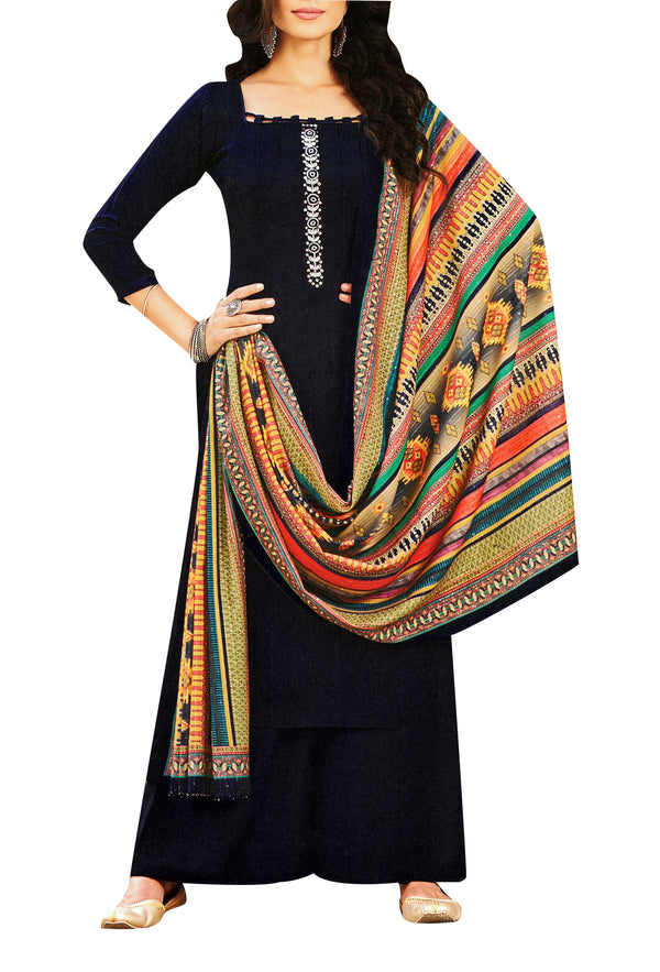 Jacquard Rayon Handwork Salwar Kameez Suit with Maslin Silk Printed Dupatta