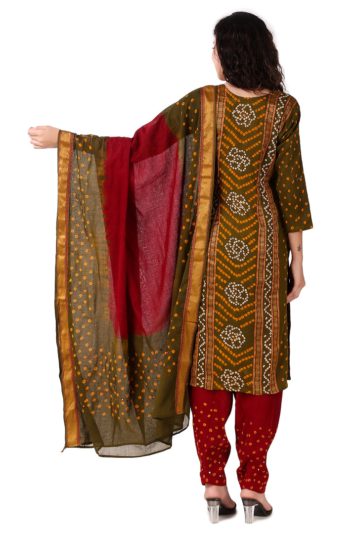 Ladyline Formal Partywear Cotton Tie Dye Bandhani Printed Embroidered Mirror Work Salwar Kameez Suit