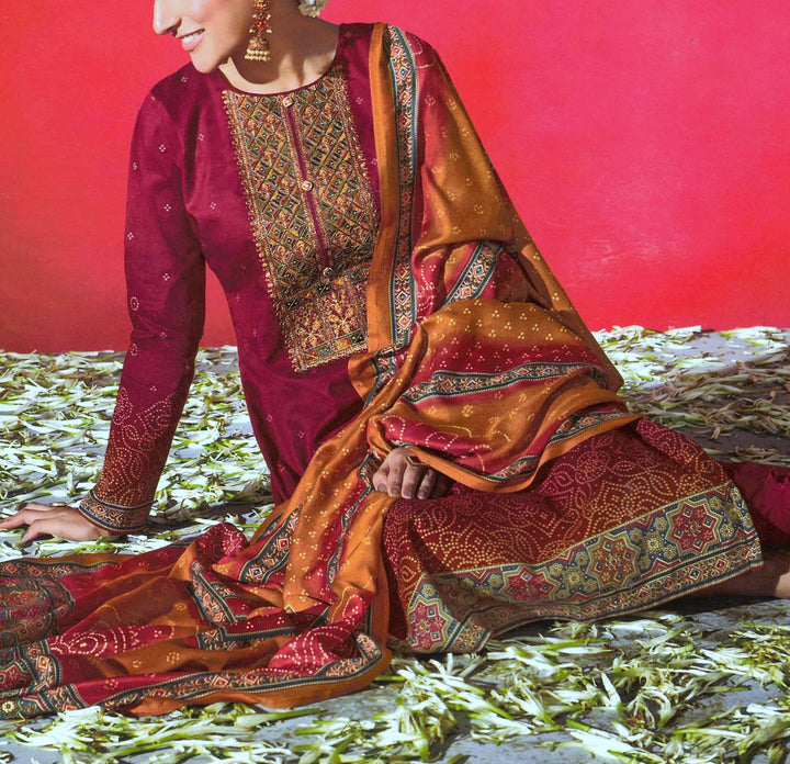 Ladyline Cotton Elegant Embroidery Salwar Kameez with Bandhani Printed Cotton Dupatta