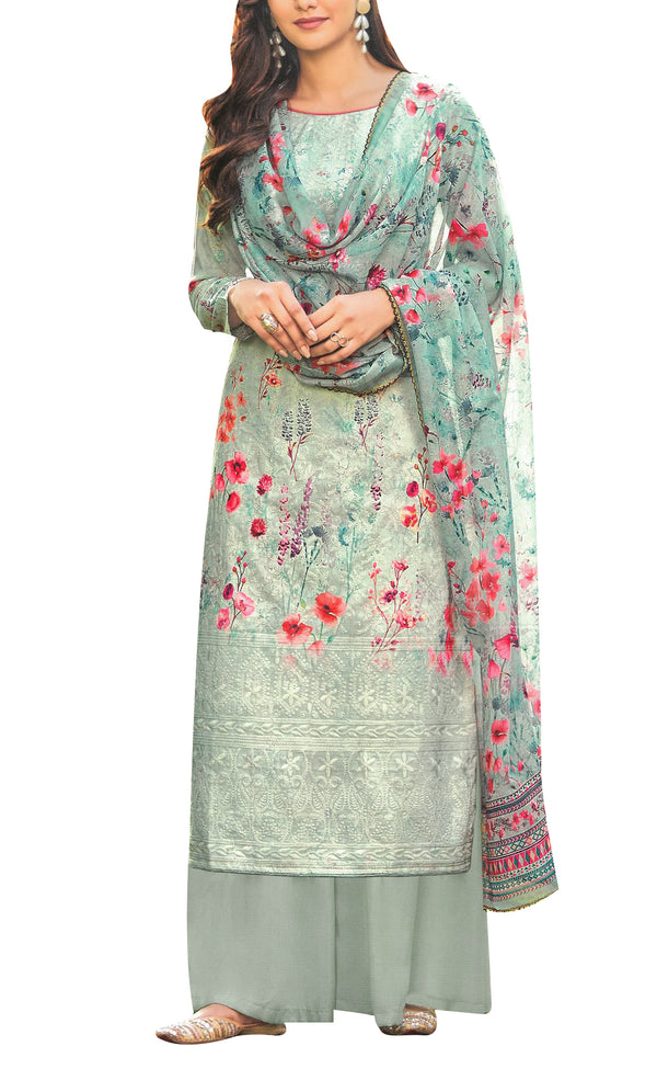 Ladyline Chikan Embroidered Cotton Salwar Kameez Suit with Palazzo Pant Chiffon Dupatta
