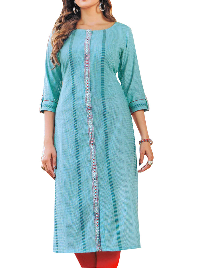Ladyline Cool Handloom Embroidery Cotton Kurti Tunic for Womens with Front Cut Rollup Sleeves (CEK MIPRI920)